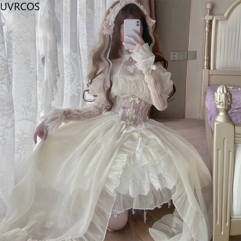 Vintage Victoriaanse Lolita Jurk Cosplay Kawaii Kanten Bloem Strik Sleepjurken Vrouwen Japanse Stijl Elegante Trouwfeestjurk