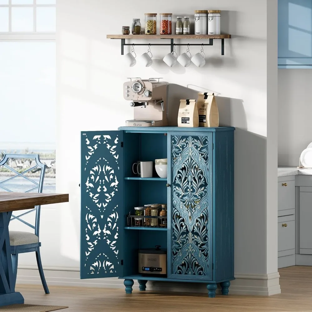 خزانة ذات أرجل من الخشب الصلب مقاس 47 بوصة باللون الأزرق مع أبواب لتخزين المعيشة والدخول والطعام وغرفة النوم