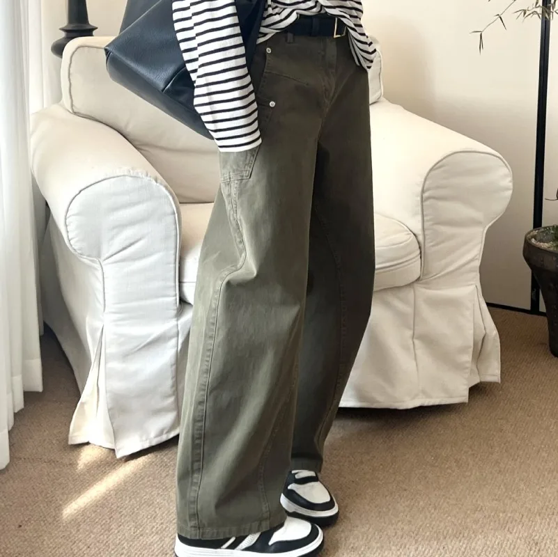 Calças de trabalho de algodão verde início do outono calças foice calças casuais