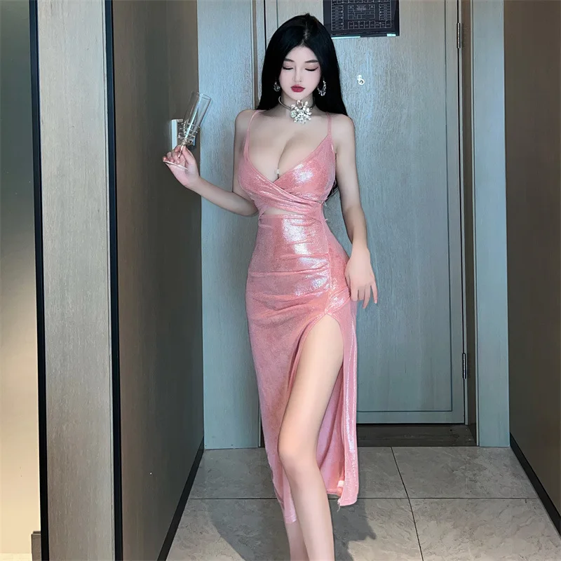 Moda nova primavera verão sexy senhora baixo corte com decote em v sem costas deslizamento fenda vestido menina roupas casuais saia brilhante mulher presente dr320