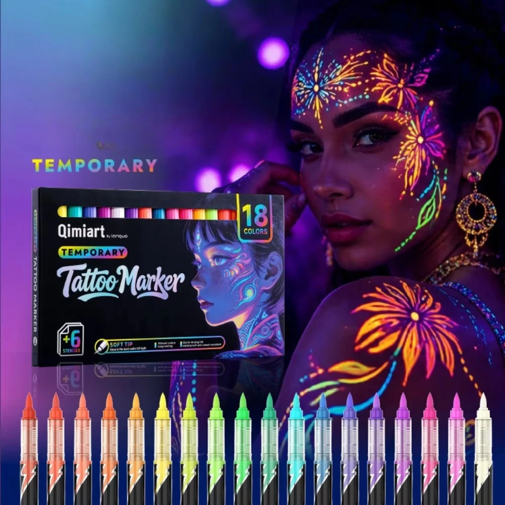 18 Colors UV Glow Temporary Tattoo Marker Soft Brush Tip Neon Fluorescent Body Face Paint Washable Marker for Festival Party