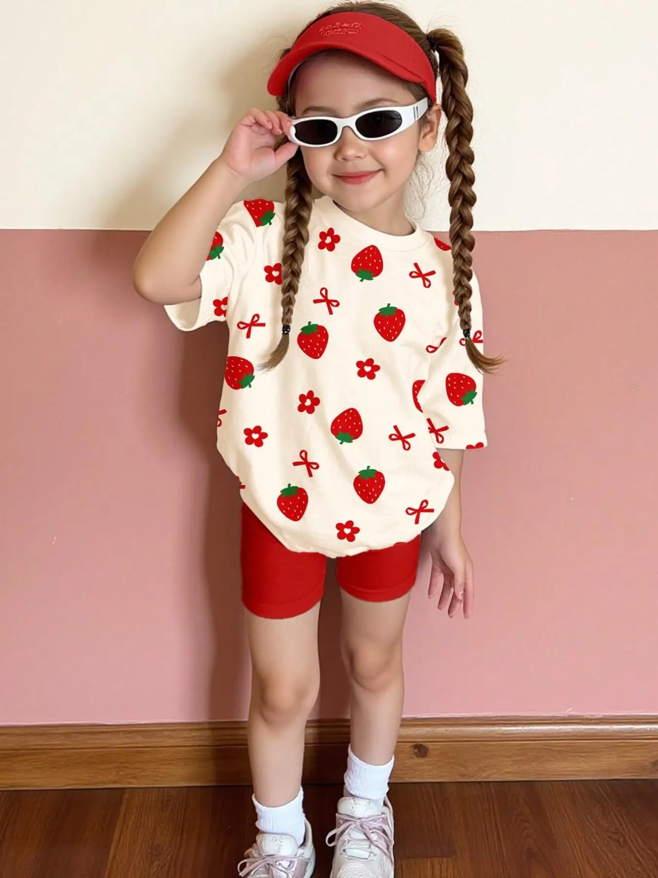 Strawberry Bowknot Floral Print Set in Red and White Color-Blocking, Summer Girls' T-Shirt and Comfortable Tight Shorts Two-Piece Set, Suitable for Children Aged 4-12, Versatile for Home and Outdoor Casual Wear