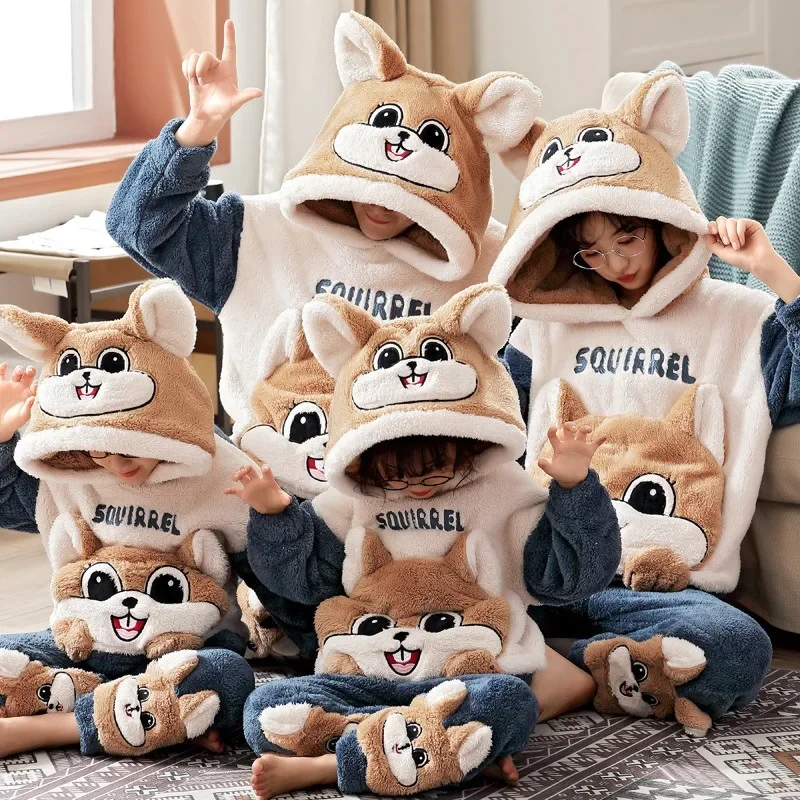 Winter Thicken Family Parent-Child Outfits Pijamas Sets Women Men Anime Sleepwear Adult Cartoon Cat Pyjamas Korean Hoodie Suits