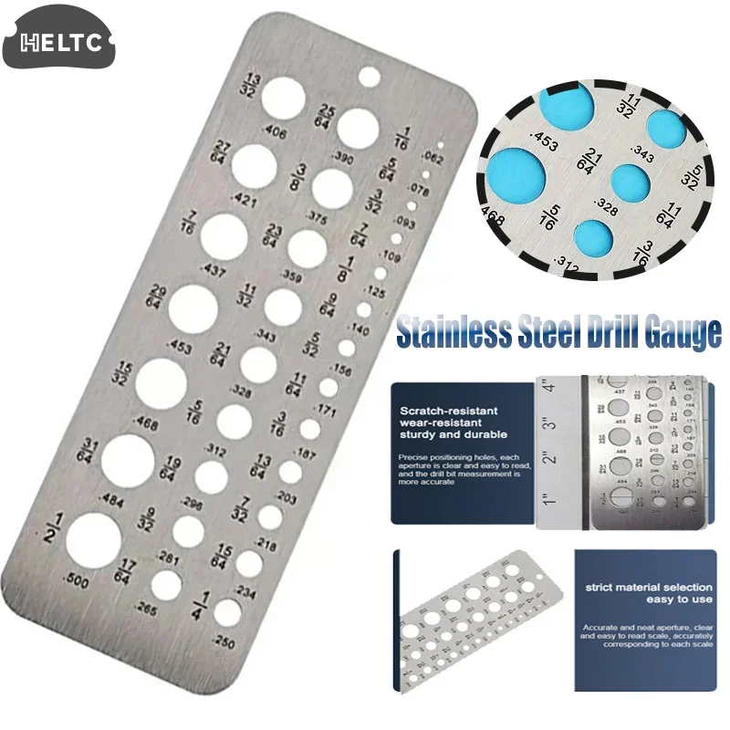 Stainless Steel 29-Hole Drill Gauge With High Contrast Markings Durable Quick Precise Measuring 1/16 Inch To 1/2 Inch Size Bits