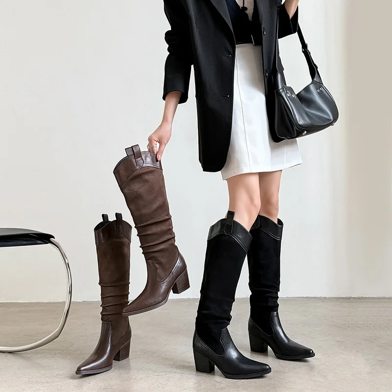 Botas hasta la rodilla para mujer, otoño-invierno 2026, 22-25 cm, franela + cuero serraje + piel de cerdo/felpa, punta puntiaguda, colores mixtos, botas largas para mujer
