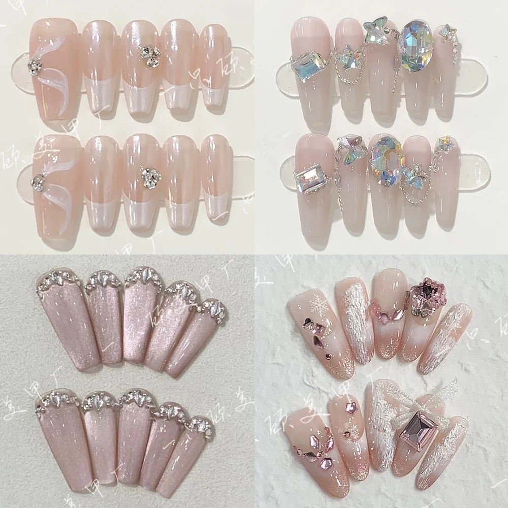 

Pure Handmade Nude Fake Nails Cow Stripe Decoration French Luxury Rhinestones Detachable Reusable Full Cover Nail Birthday Gift