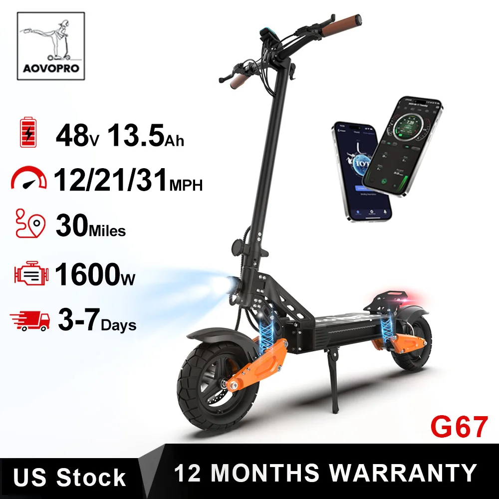 

Электросамокат AOVOPRO G67 для бездорожья, цельнолитые шины 11 дюймов, максимальная скорость 50 км/ч, запас хода 48 км, двойная подвеска и двойная тормозная система