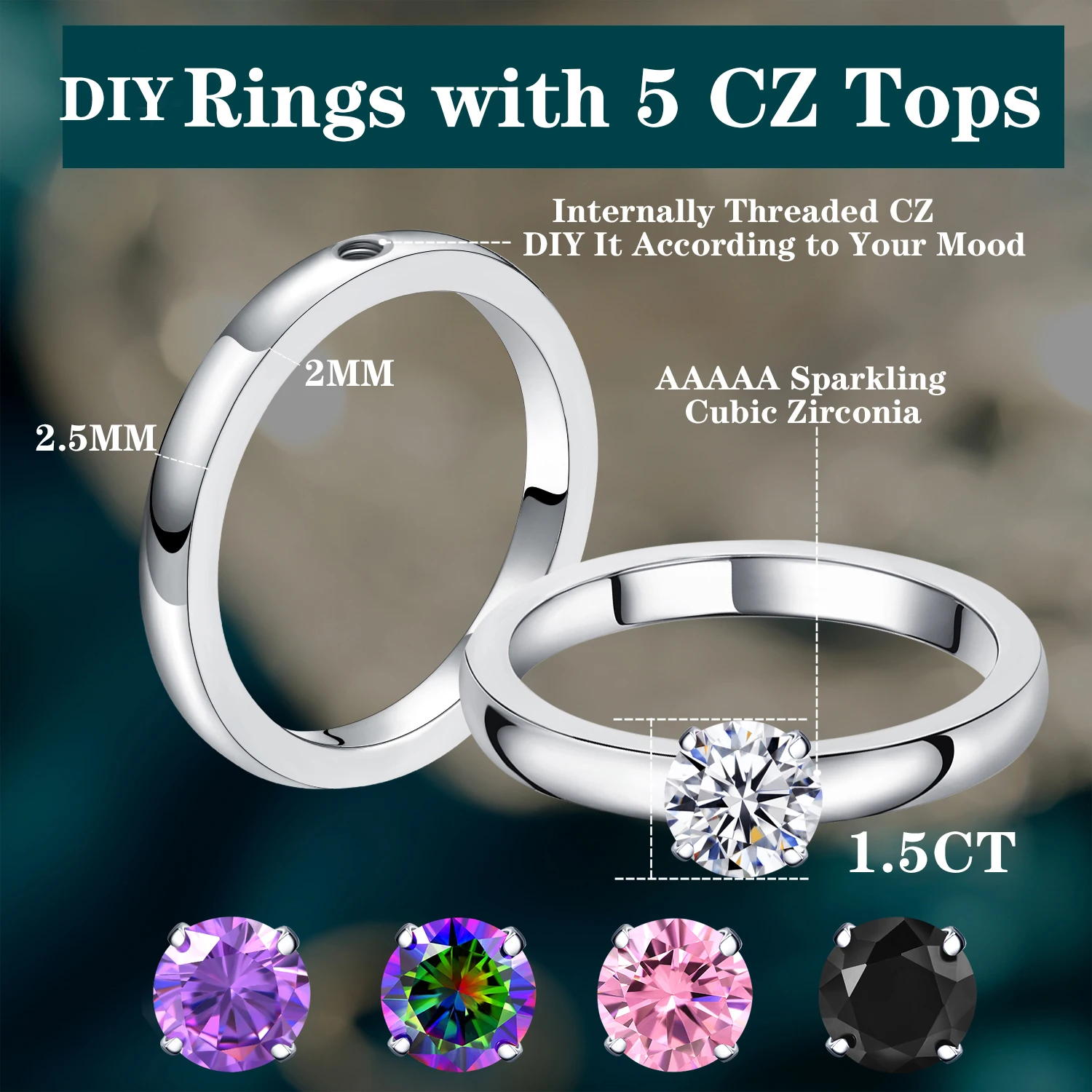 DIY 1.5 CT Solitaire Engagement Rings Wedding Bands Interchangeable Stainless Steel Round Cubic Zirconia Promise Rings for Her