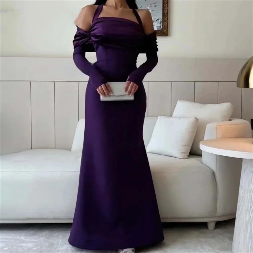 

Charming Purple Evening Dresses Halter Off Shoulder Long Sleeves Women Prom Gowns Sweep Train Customized Wedding Guest Gowns
