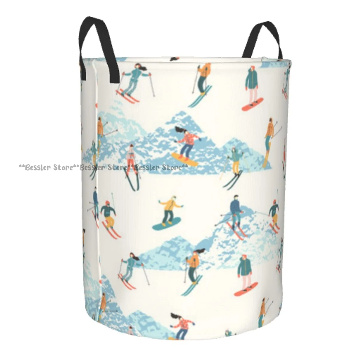 Laundry Basket Skiers And Snowboarders Pattern Round Storage Bin Collapsible Hamper Clothes Bucket Organizer