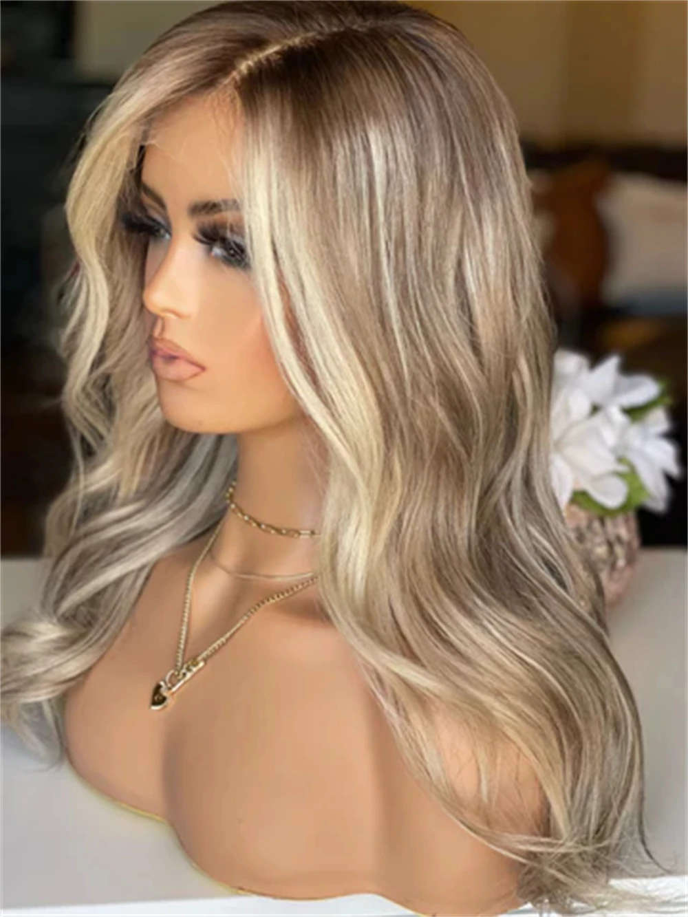 Natural Body Wave Wig 13x4 Ombre Ash Blonde Balayage Highlights Wig with Roots Washable Synthetic Glueless Wig Party Daily Wigs