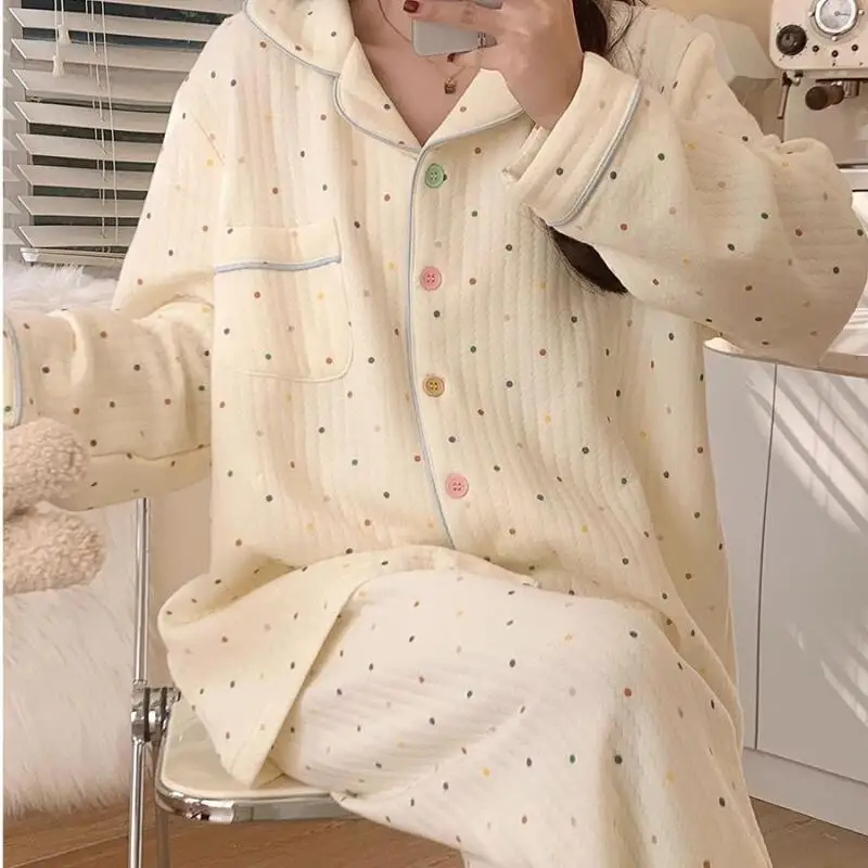 

Пижамные комплекты в горошек для молодых девушек, принцесса с длинными рукавами и завязками, сэндвич, одежда для отдыха, весенне-осенняя домашняя одежда, верхняя одежда