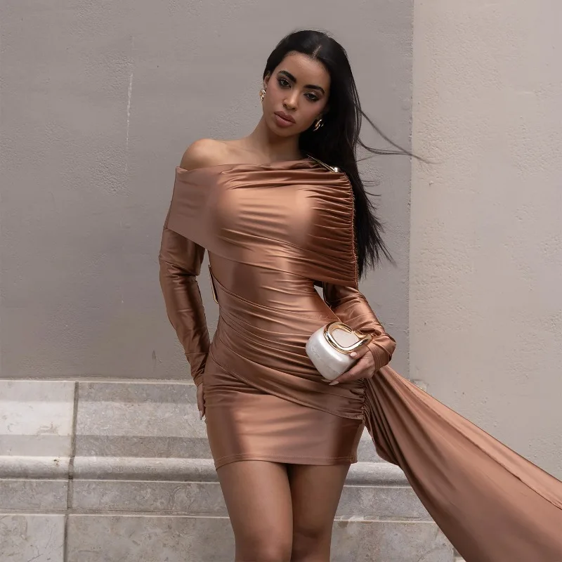 KEXU Women's Sexy Solid Color Off Shoulder Ribbon Bodycon Mini Dress Long Sleeve Fall Winter Bandage Short Dresses