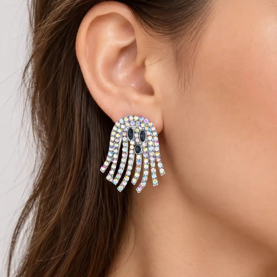 Funkelnde Halloween-Strass-Geister-Ohrstecker, Kristall-Quasten-Ohrringe für Damen, Kostüm-Party, Feiertags-Schmuck, Geschenk