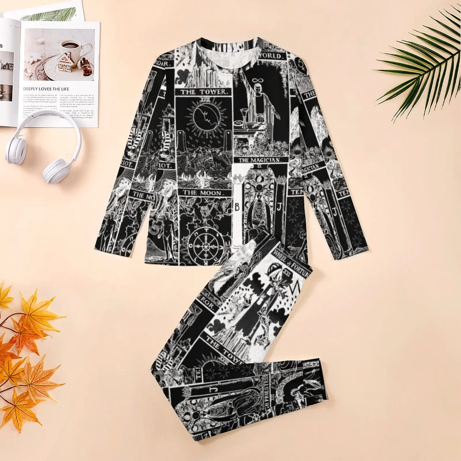 Tarot Patchwork Pajamas Black And White Print Man Long Sleeves Cute Pajama Sets 2 Pieces Casual Spring Graphic Sleepwear Gift