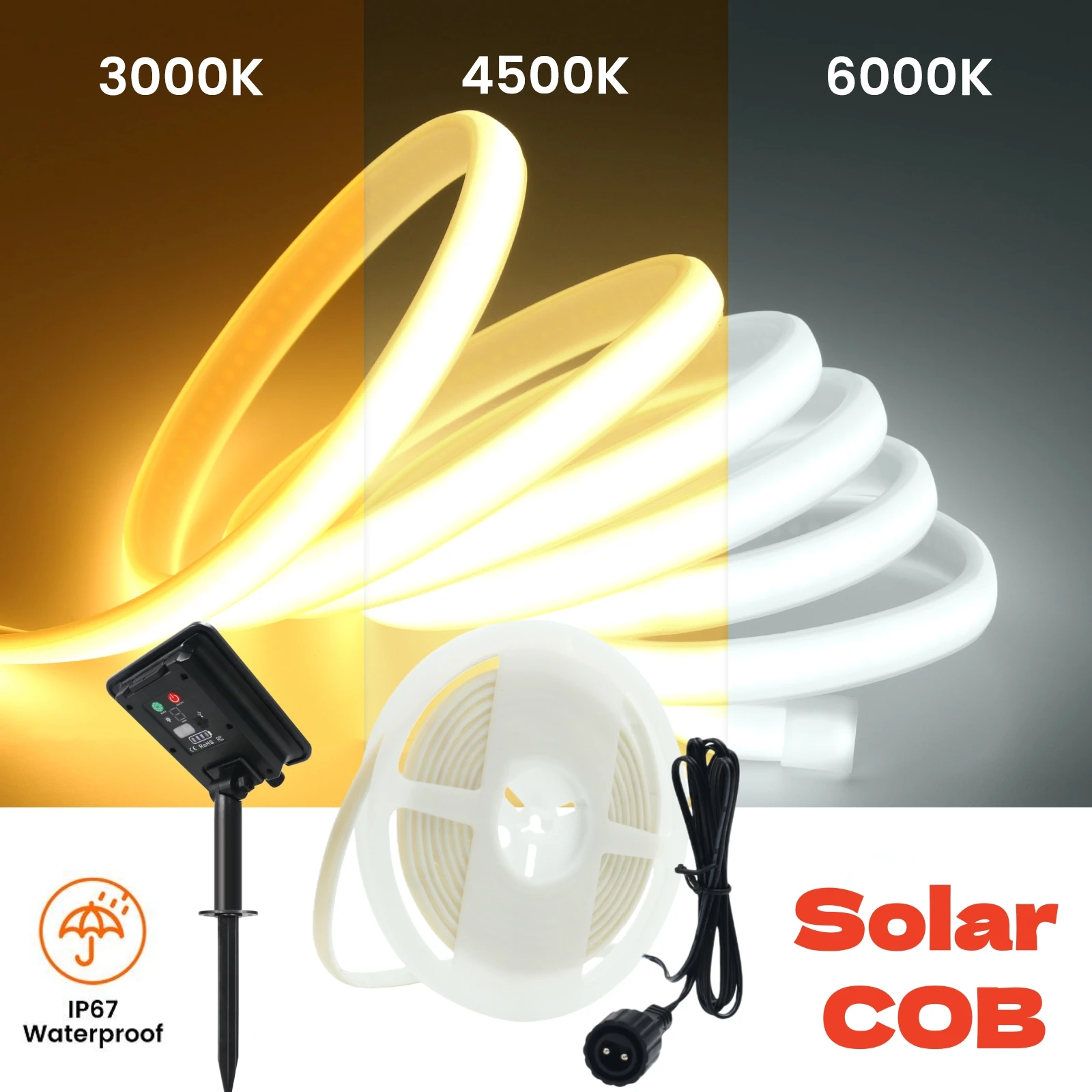 

Светодиодные ленты COB на солнечных батареях, 24В, гибкие, водонепроницаемые IP67, теплый белый свет, 1м, 2м, 3м, 4м, 5м, 10м, для декора сада