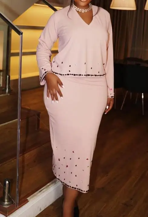 

Two Piece Set Women Outfit 2025 Spring New Solid Color V-Neck Rhinestone Long Sleeved Top & Hips Wrapped Split Back Skirt Set