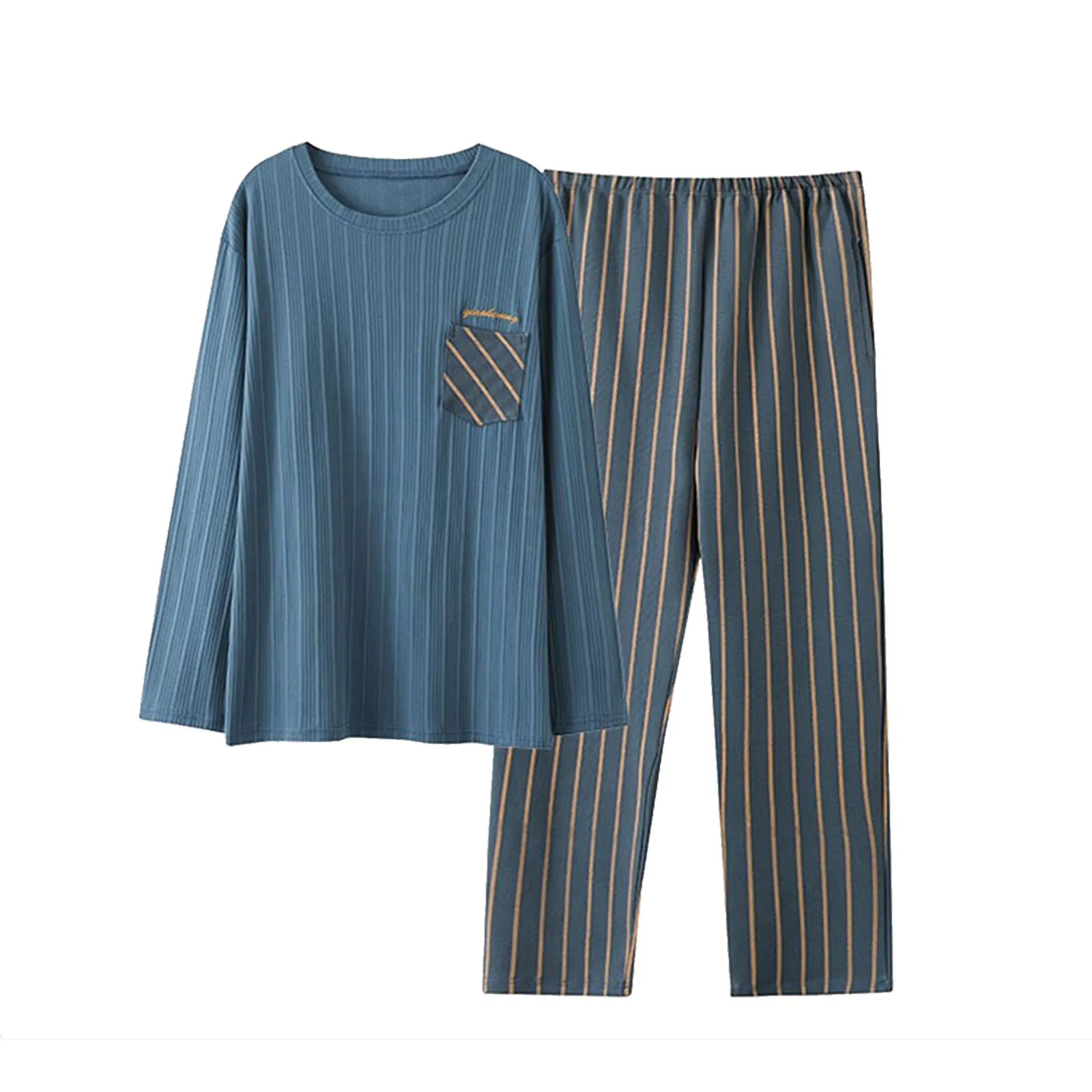 Spring Autumn Men's Striped 2 Piece Pajamas Set Round Neck Long Sleeve T-shirt And Trousers Set Loungewear Men's Pyjamas