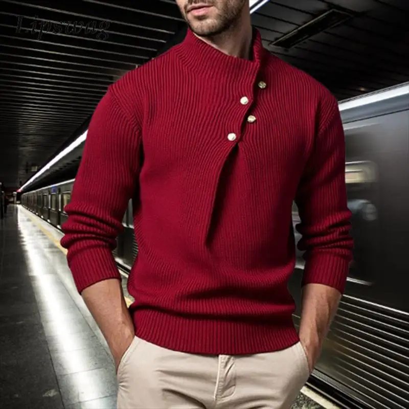 

Уличные повседневные мужские свитера с воротником-стойкой, вязаные однотонные приталенные джемперы, топы, мужские осенне-зимние модные свитера на пуговицах
