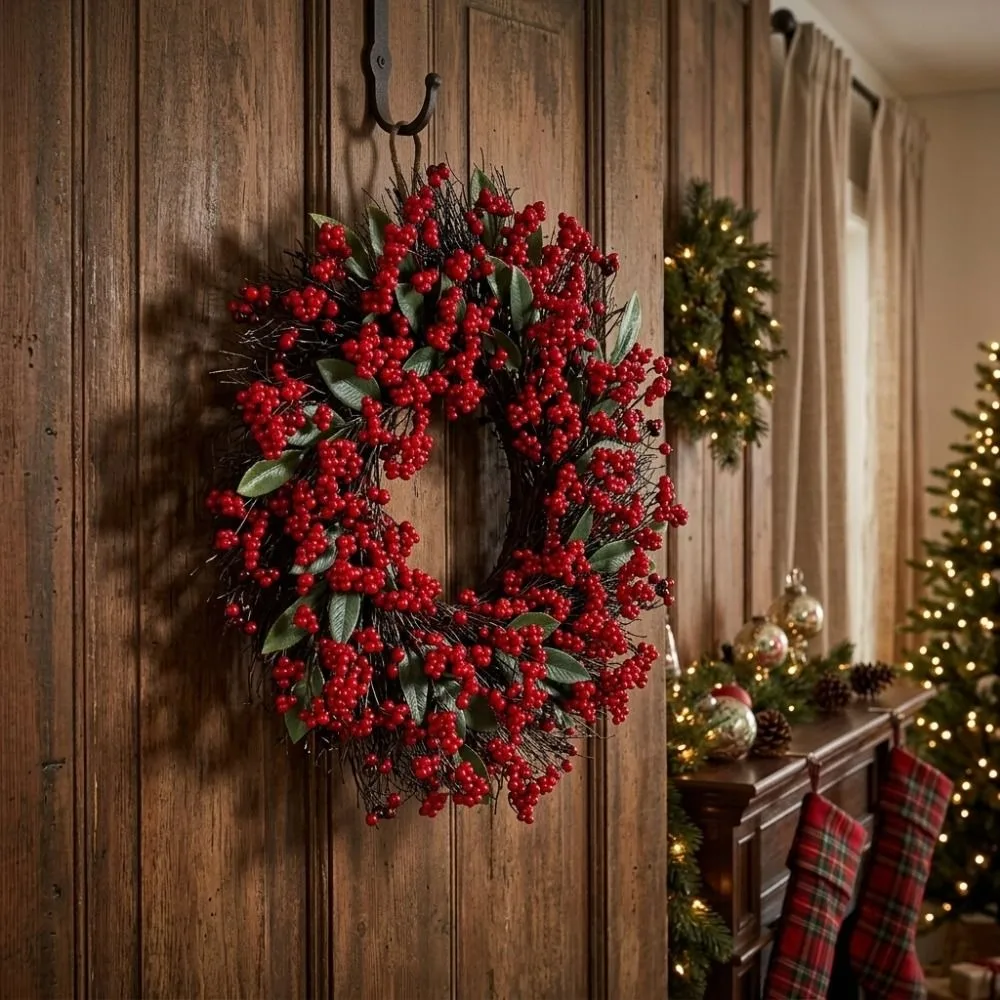American-style Artificial Berry Holly Christmas Wreath Simulated 45 CM Xmas Red Berry Garland DIY Hanging Wreath Decoration Door