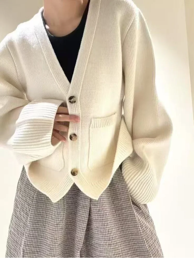 

Vintage Knit Cardigan Women Casual Loose V Neck Big Sleeves Pockets Sweater Female 2024 Autumn Winter Solid Fashion Knitwears