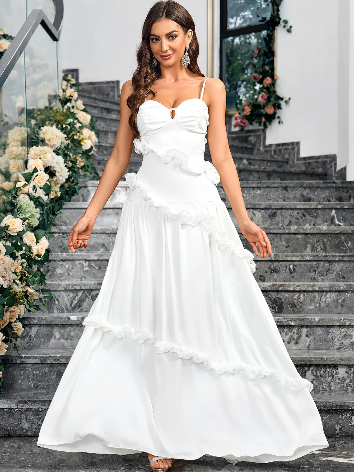 Splendido abito da laurea a-line con bretelle, abito da sposa in pizzo floreale, abito da adulto senza schienale con scollo a v sexy