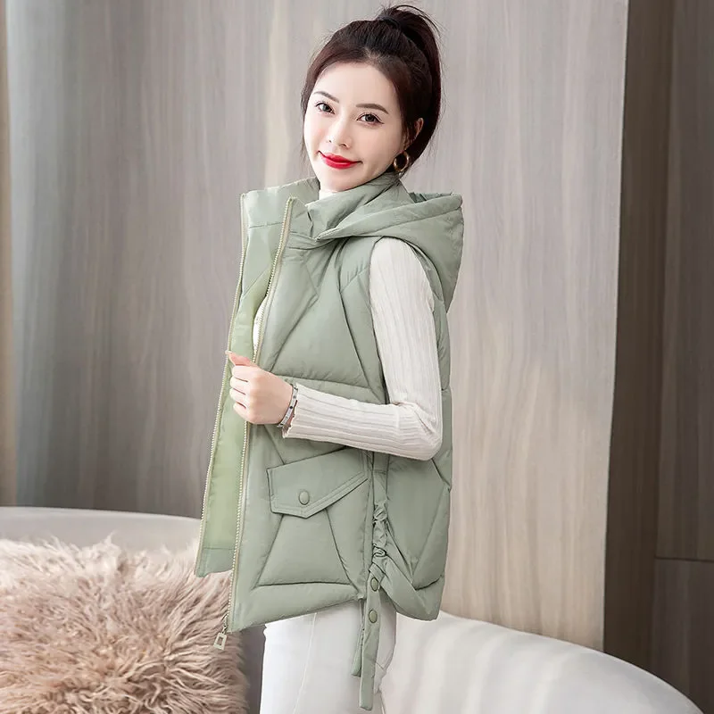 Women\'s Sleeveless Vest Short Down Jacket Solid Korea Hooded Padded Vests Loose Females 2024 Ladies Fashion Casual Winter Coat