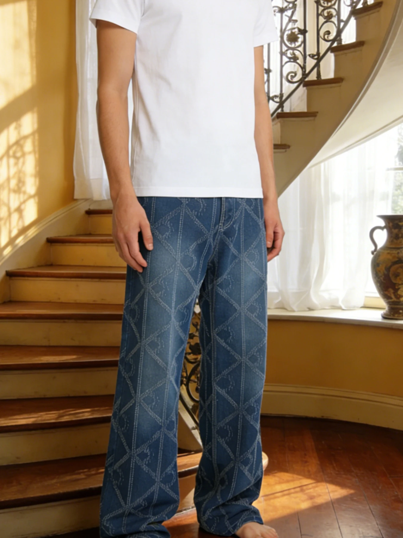 

Vintage relaxed geometric jacquard jeans, loose wide-leg, European and American street style versatile must-have pants