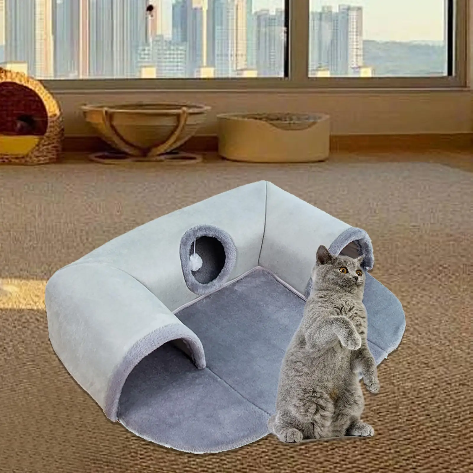 Cat Tunnel Bed Playing Hut Exercise with Playing Ball Toys Cat Tunnel Tubes U Shape for Rabbit Hamster Small Medium Cats