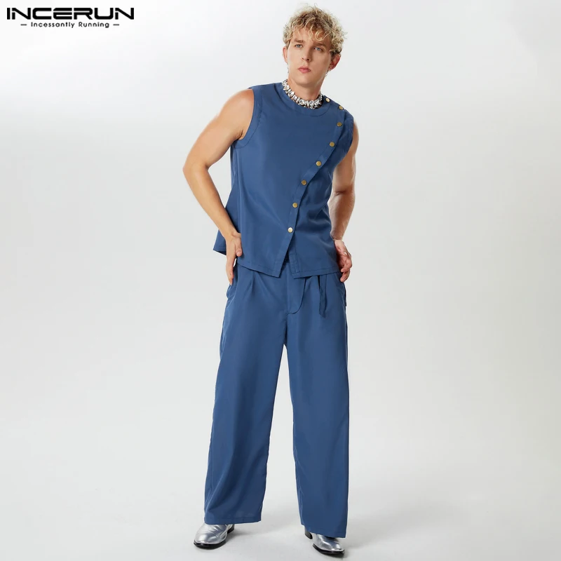 INCERUN Men Sets Summer Solid Color O-neck Sleeveless Tank Tops & Pants Two Pieces Sets Streetwear 2024 Fashion Men Casual Suits