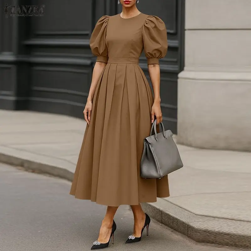 

Летнее женское модное платье-рубашка ZANZEA 2026 с коротким рукавом, миди-сарафан, элегантное повседневное платье с пышными рукавами для вечеринок, оверсайз