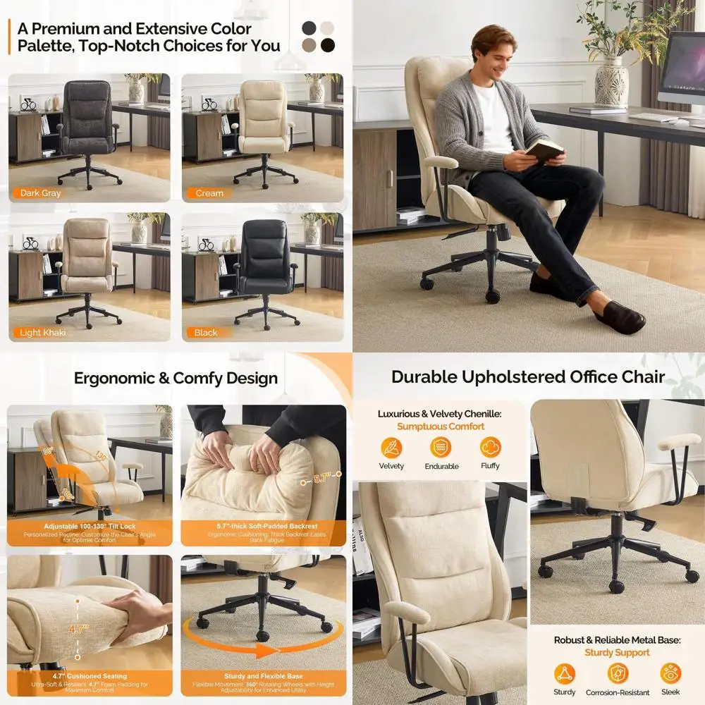 

Executive Ergonomic Chenille Fabric Office Chair, 100-130° Recline, Adjustable Base, Padded Back, Wheels, Ideal for Work, Gaming