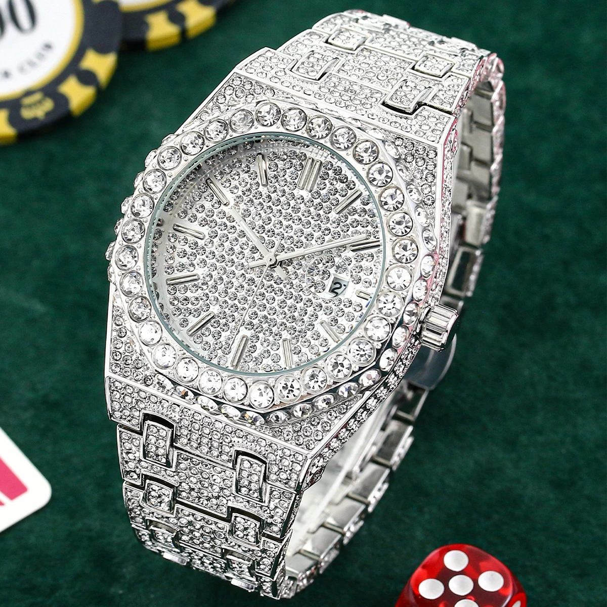 

Роскошные мужские наручные часы с бриллиантами, высококачественные тяжелые часы, водонепроницаемые модные деловые атласные кварцевые часы для мужчин
