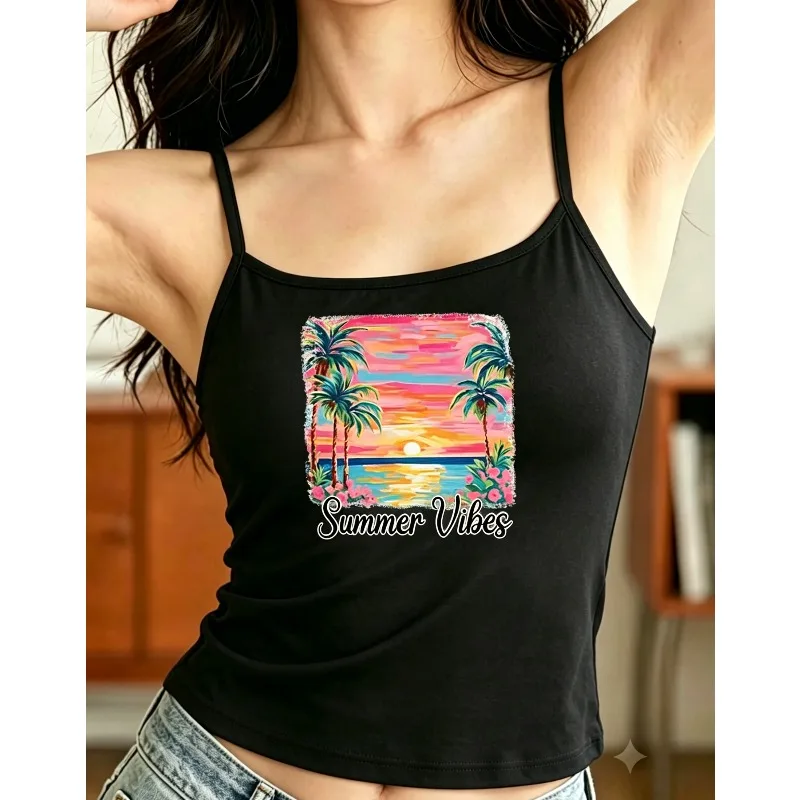 Women Spaghetti Strap Cami Top Retro Morocco Castle Palm Tree Sunset Graphic Sleeveless Top Summer Casual Basic Daily Wear