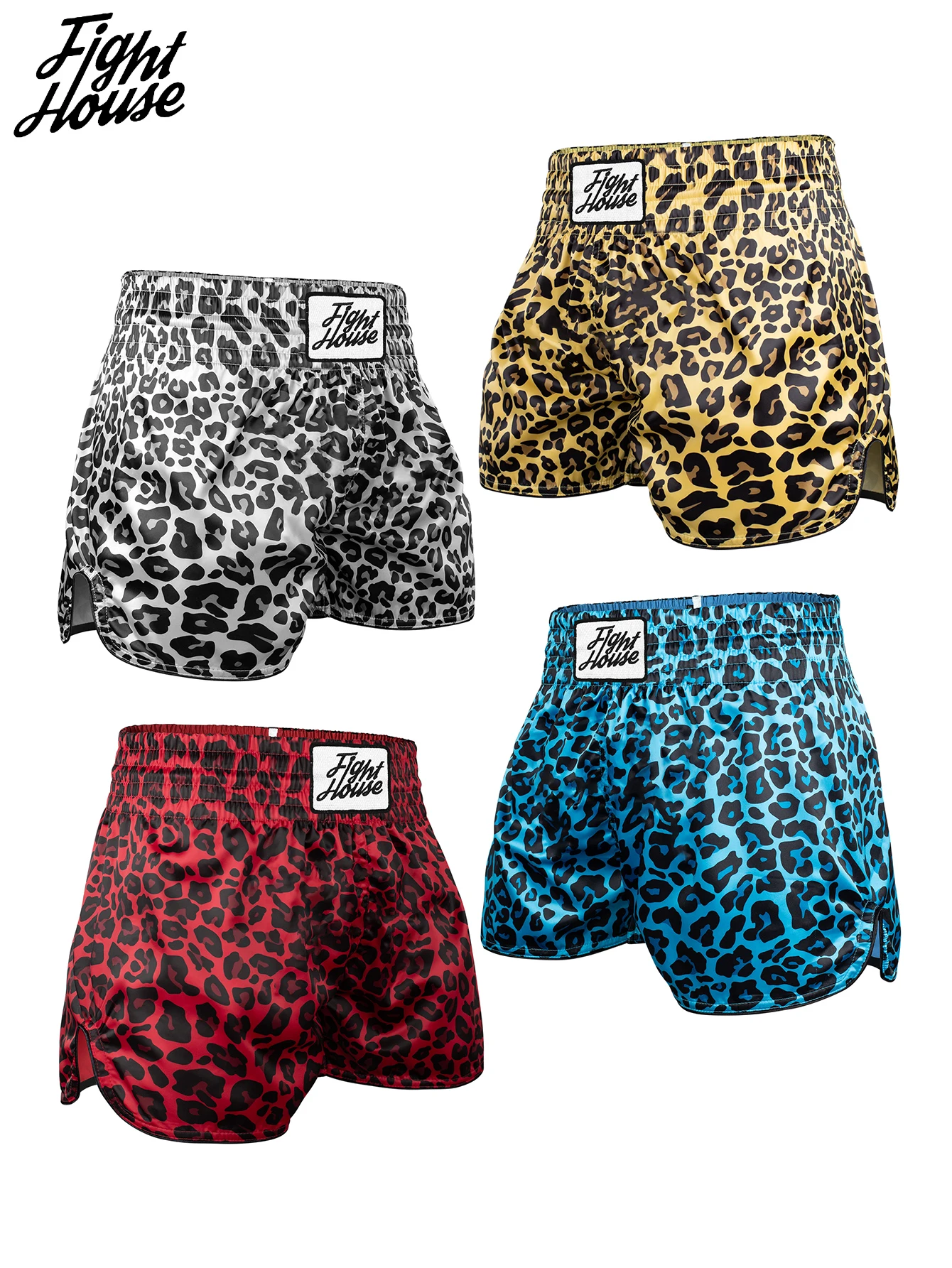 Fight House four-color leopard print Muay Thai shorts, MMA training pants, combat gym training pants, boxing pants