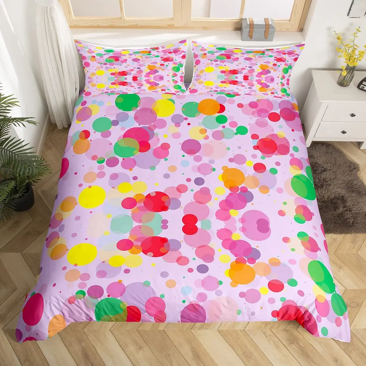 

Colorful Dots Bedding Set Geometry Comforter Cover Set for Girls,Pink Yellow Green Red Purple Circle Print Duvet Cover Polyester