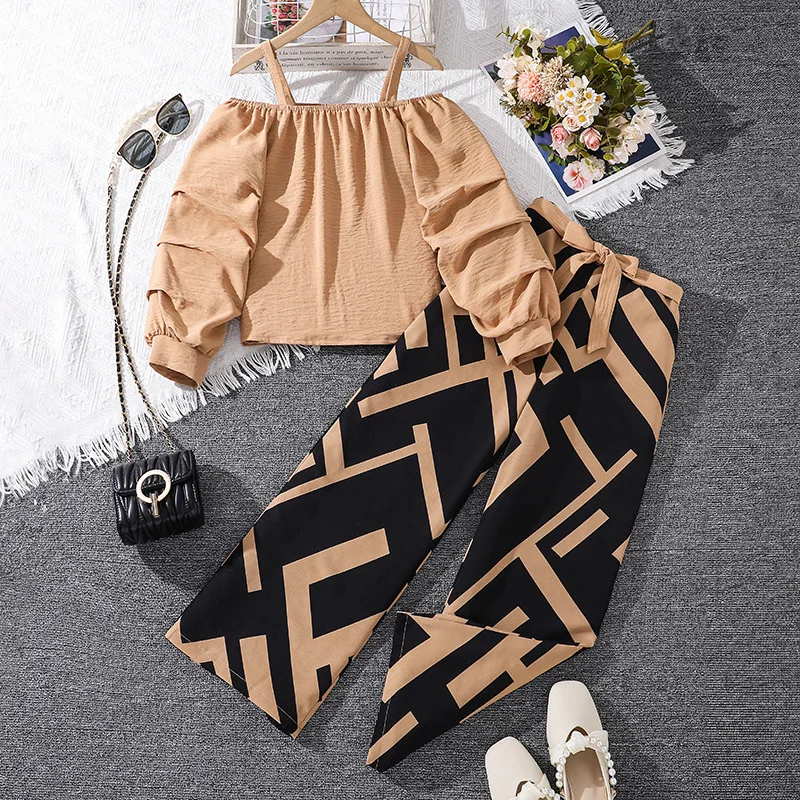 2024 New Clothing Set Girls Long Sleeve Slash Neck Brown T-shirt Patchwork Trousers 2 Pcs Sets Casual Girls Clothes Set 8-12T