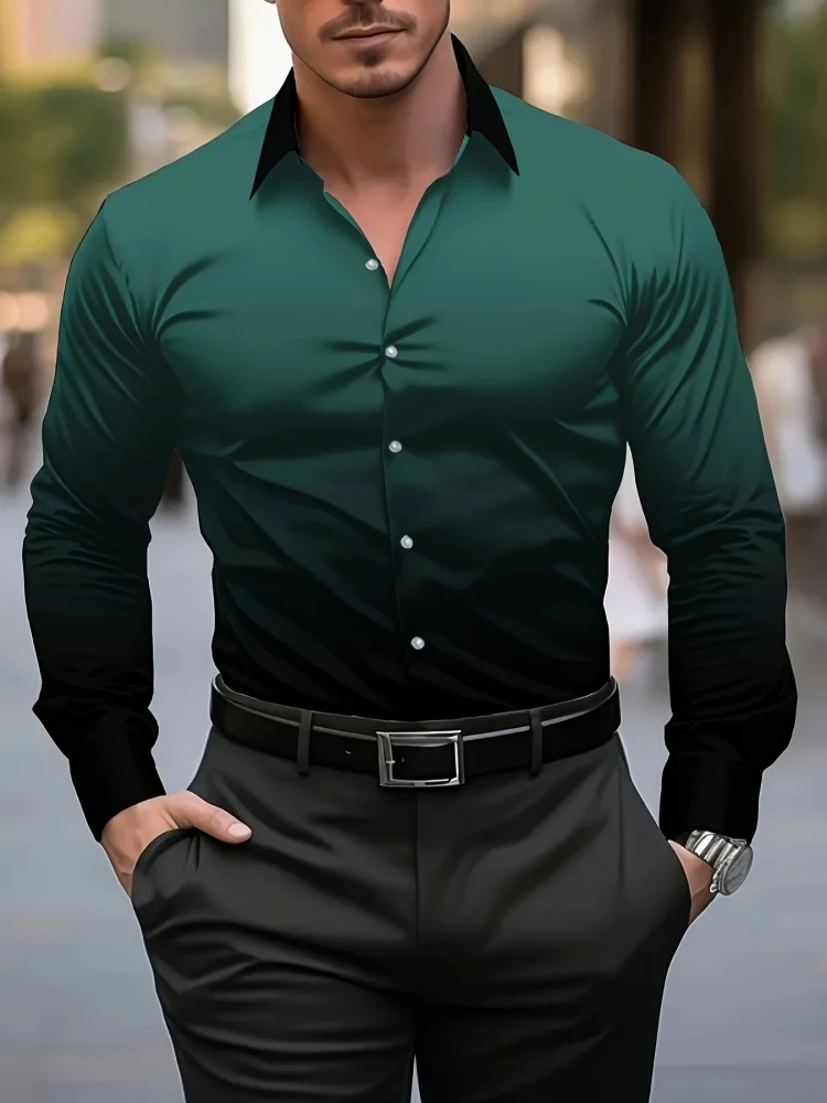 

Fashionable Men's Gradient Shirt Dark Green Casual Outdoor Long-sleeved Lapel Button Shirt Soft and Comfortable Material Top