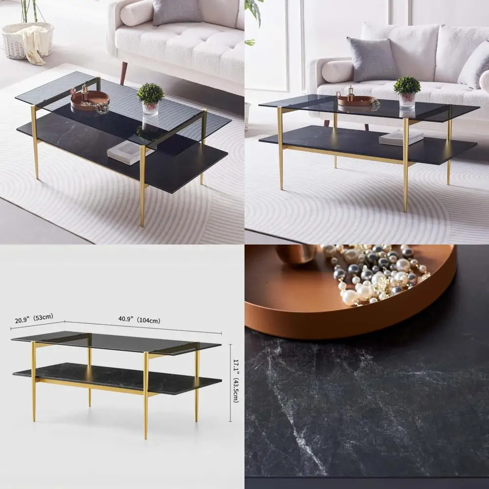 

Mid-Century Modern Living Room Coffee Table: 41 L x 21 W, 17 H, Two-Level, Clear Glass and Black