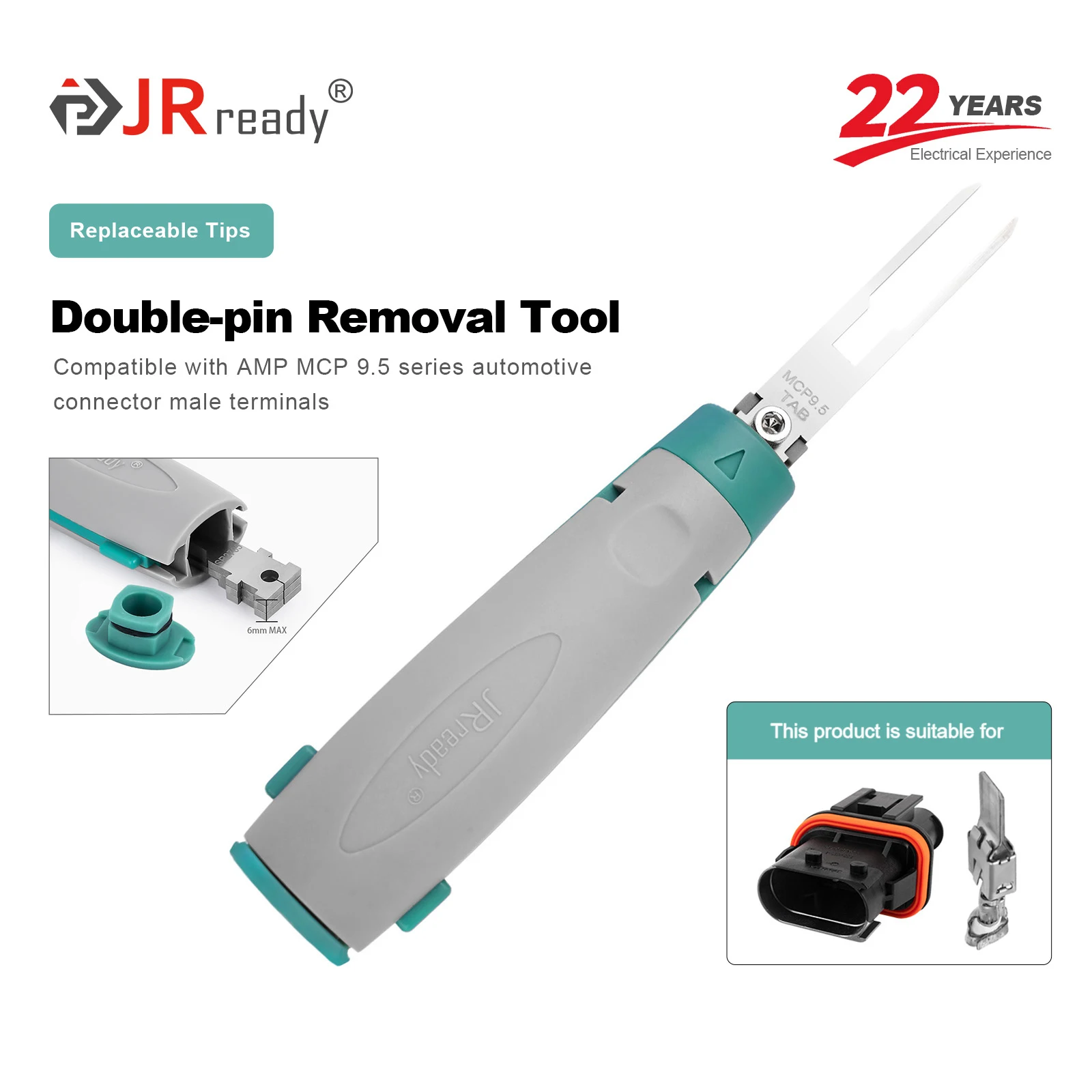 

Инструмент для извлечения двухконтактных клемм JRready JRconDRK-MCP9.5TAB, совместимый с автомобильными разъемами AMP MCP 9.5 серии.