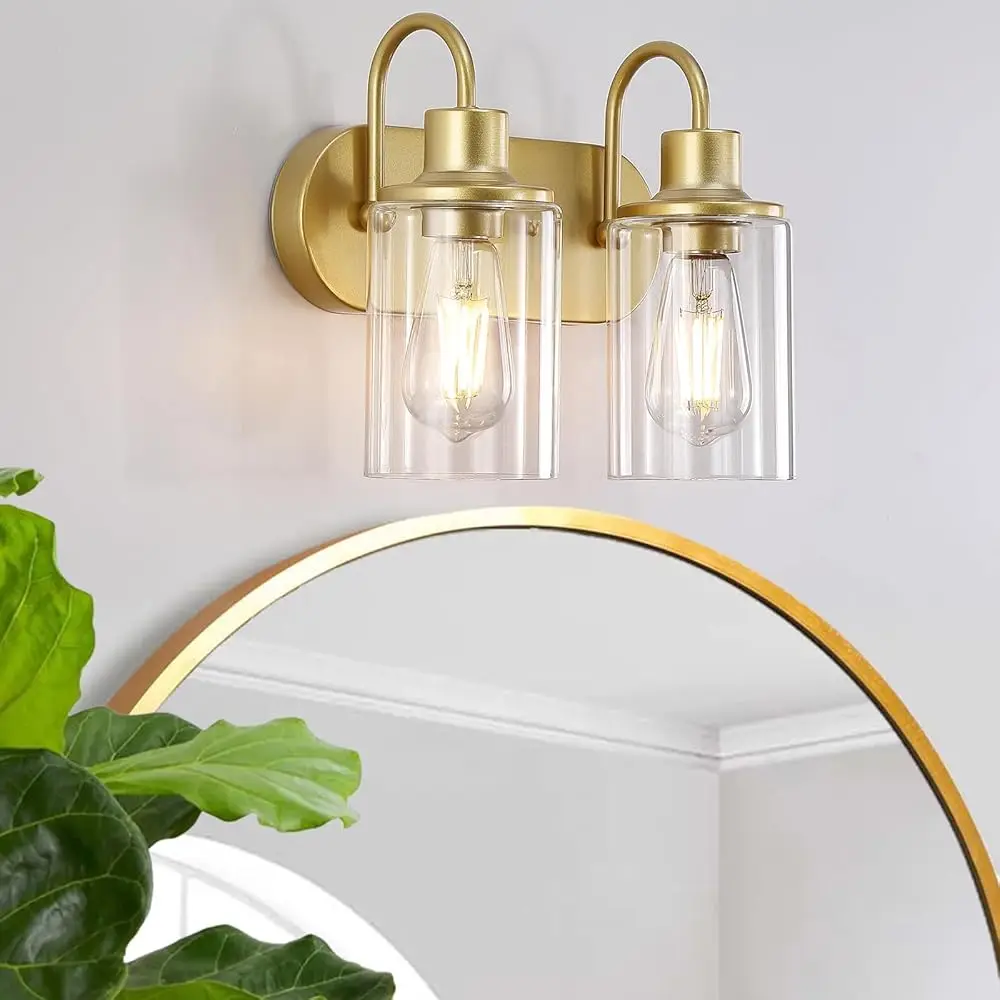

Gold Bathroom Light Fixtures Over Mirror,2-Light Bathroom Vanity Light With Clear Glass Shade,Modern Farmhouse Wall Sconces