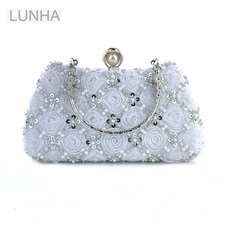 Luxury Evening Clutch Bag for Women Handmade Rose Beaded Box Bag with Top Handle and Chain Strap