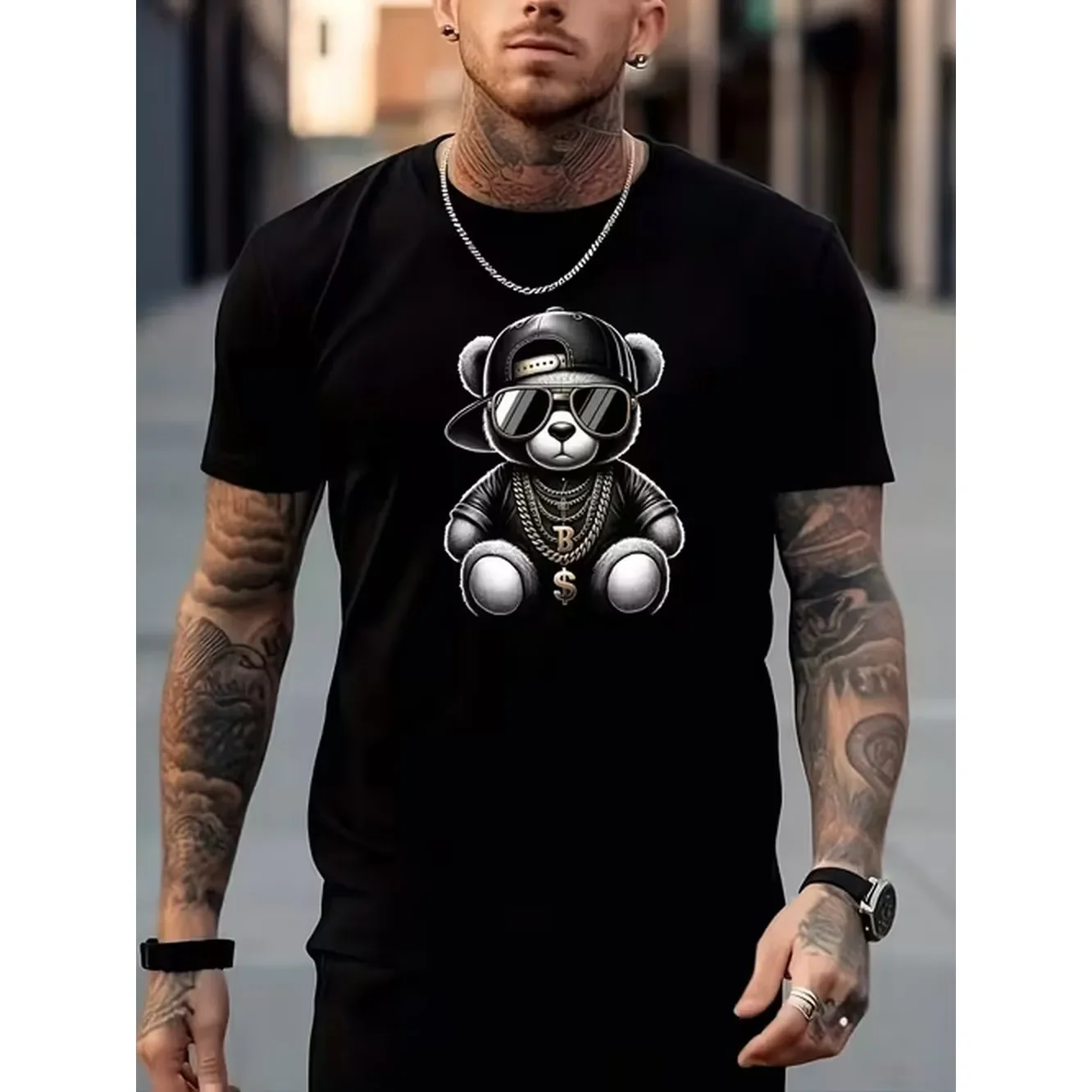 Mens Crew Neck T Shirt with Bear Print Summer Outdoor Short Sleeve