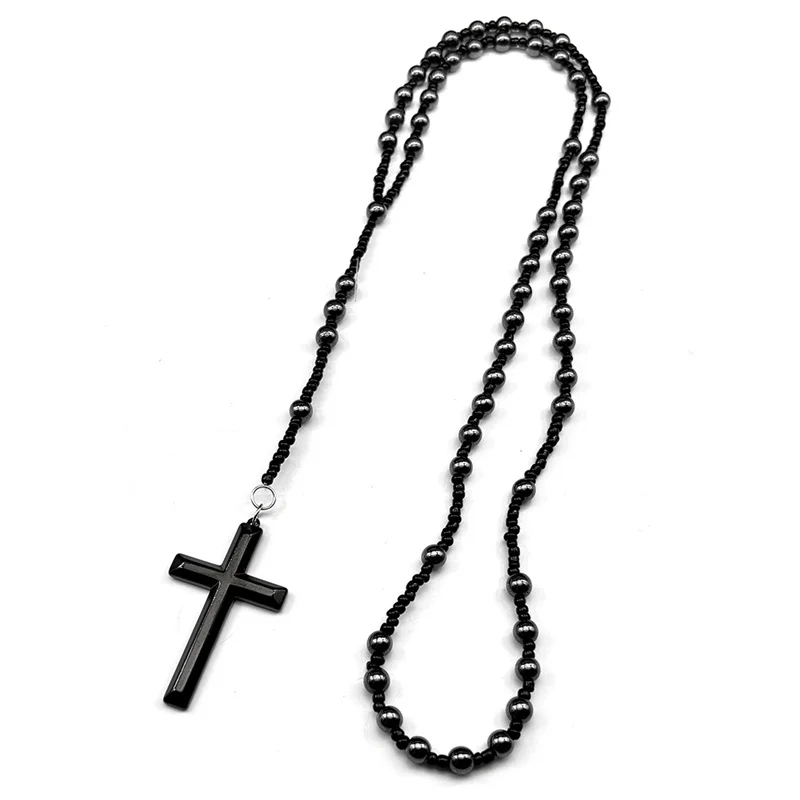 

Punk Cross Pendant Necklace for Women Men Stainless Steel Black Color Gothic 59 Prayer Beads Chain Long Necklaces Jewelry