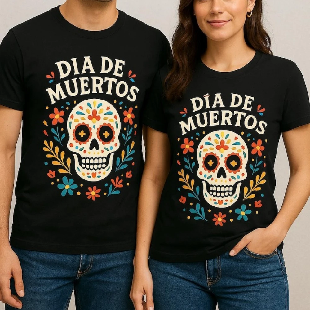 

Футболка унисекс «День мертвых» Аутентичная мексиканская футболка с красочным принтом черепа Праздничная мексиканская одежда с круглым вырезом Высококачественный хлопок