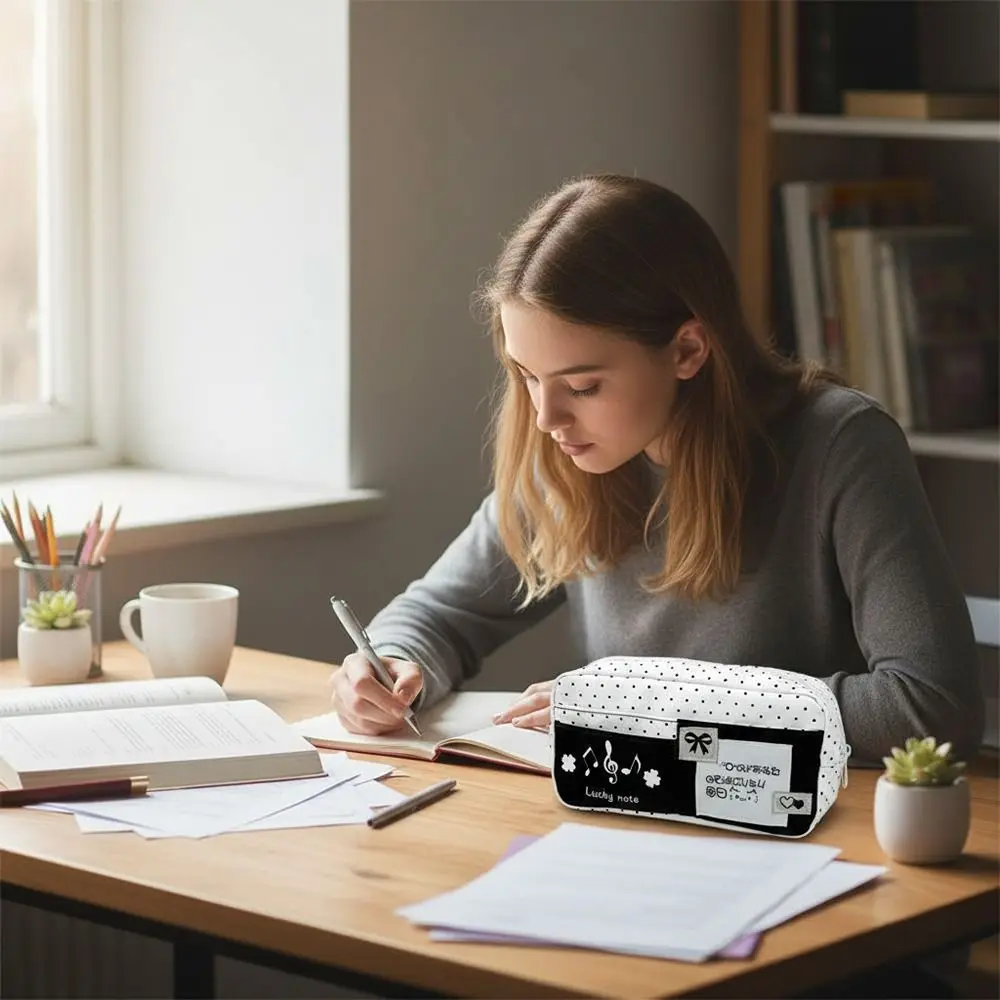 다기능 블랙 폴카 도트 펜 가방 다층 휴대용 편지지 파우치 대용량 펜 상자 학생 선물