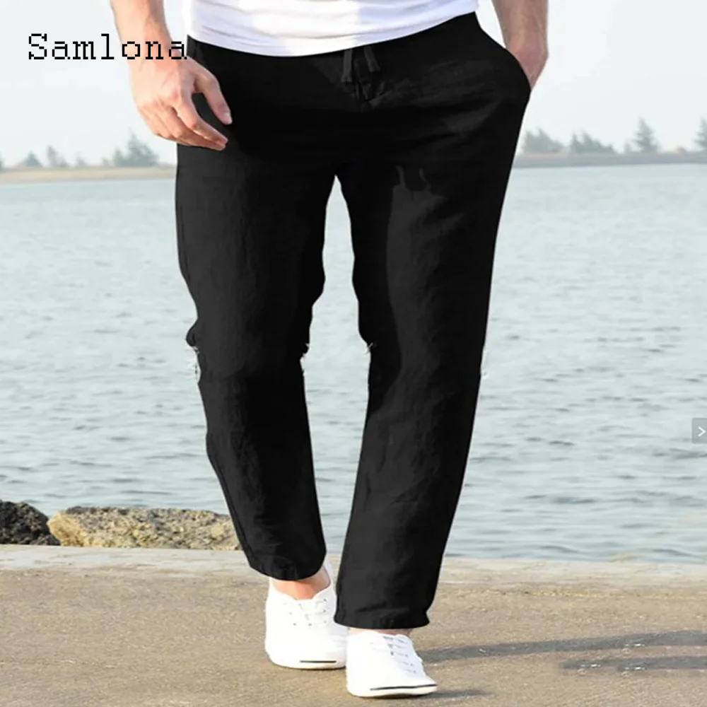 

Samlona 2024 New Summer Pocket Design Linen Pants Men's Elastic Waist Loose Trouser Plus Size 3xl Men Casual Beach Sweatpants