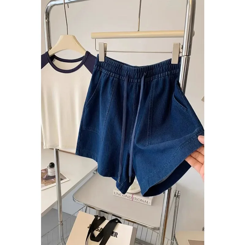 Women's Elastic Waist Denim Shorts Drawstring Wide Leg Casual Loose Fit Pocket Shorts In Dark Blue