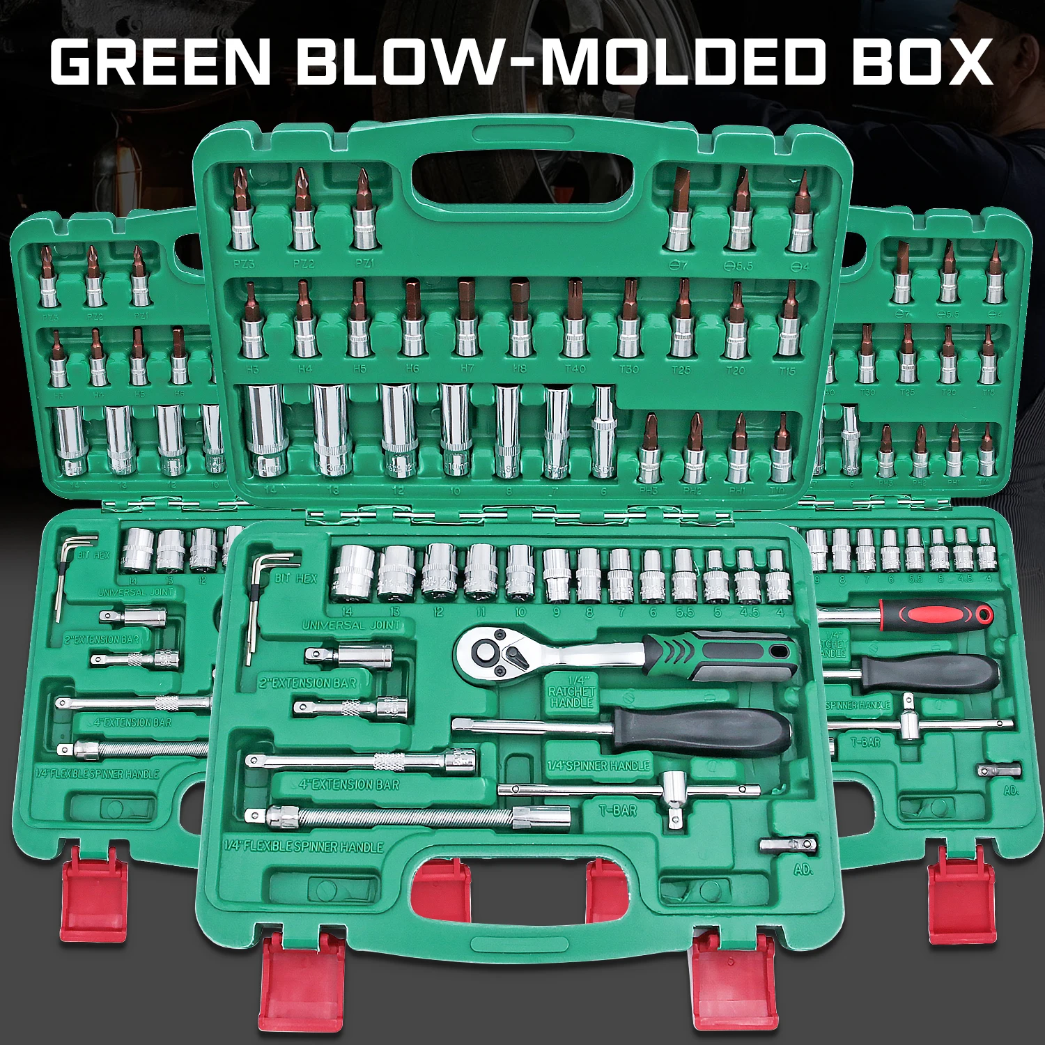 

53pcs Motorcycle Repair Kit , Green Toolbox, Professional Ratchet Set Professional Tool Set, Car Maintenance Essentials