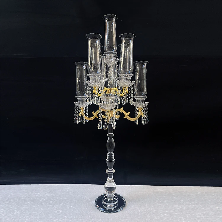 114Cm hour glass hurricane 9 arm gold metal arm crystal wedding candlestick MH-Z0391